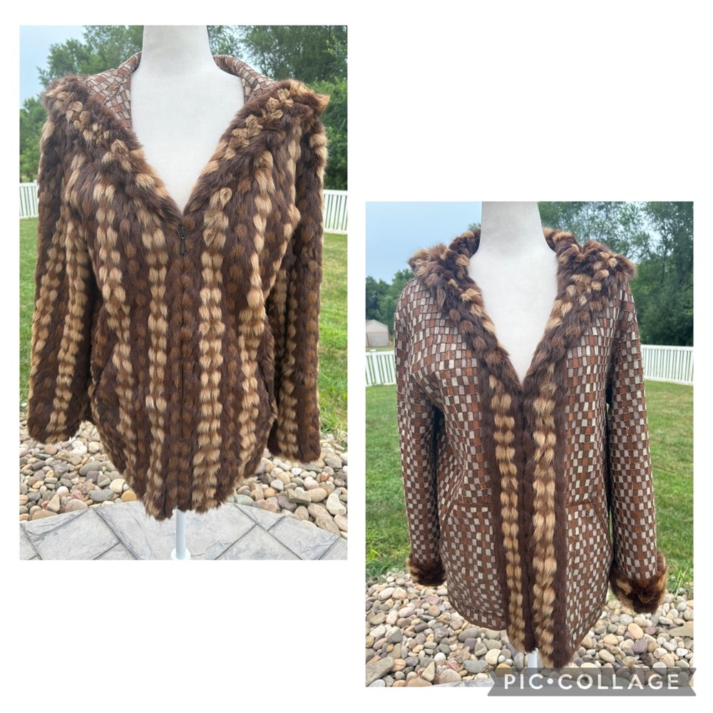 Vintage 60s 70s Patchwork Brown Tan Fur Hooded Zip Up Jacket Leather Lining M